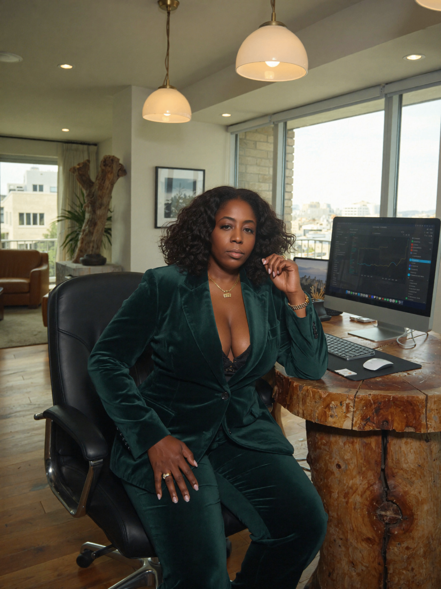 Tarean in an emerald velvet suit at her home office desk, dual monitors showing analytics